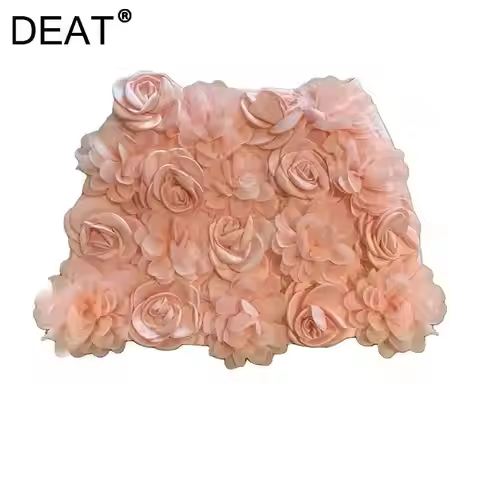 DEAT Women's Skirts 3d Rose Flowers Solid Color A-line High Waist Elegant A-line Short Skirt Summer 