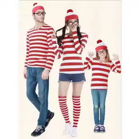 Wheres Waldo Striped Youth Boys Wally Shirt Glasses And Hat Socks Unisex Adults Carnival Cosplay Cos