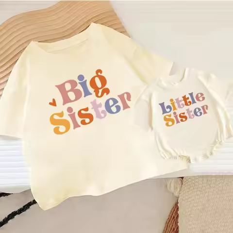Big/Little Sister Print Family Matching Set Casual Retro Sisters Outfit Short Sleeve Kid T-shirt+Bab