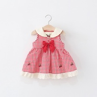 Baby Girl's Summer New Sleeveless Dress with Cherry Flower Embroidery Plaid Navy Collar Princess Dre