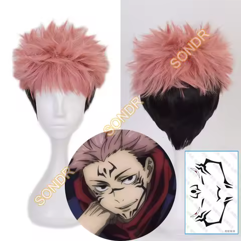 Anime Jujutsu Itadori Yuji Cosplay Wig Pink-black Short Hair Face Tattoo Men Halloween Party Role Pl