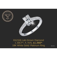 18K (750) White Gold IGI LAB GROWN DIAMOND  Total 1.30ct, F Color, VVS, 3 Excellent NONE Fluorescenc