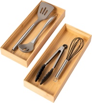 Bamboo Drawer Organizer Stackable Utensil Organizer for Kitchen Cutlery Organizer Storage Wood Silv
