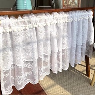 White Floral Knitted Woven Lace Short Curtain with Pom Pom Balls Tier Valance for Kitchen Small Window Doorway Ruffled Sheer Half Curtain Topper for Bathroom Rod Pocket 1 Panel