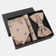 Khaki Men's Business Tie Set Retro Suit Wedding Tie Bow Tie Pocket Square Gift Box Set