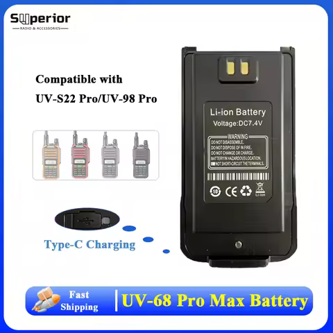 UV-68 Pro Max V2 Battery Original For UV-S22 Pro V2 UV-98 Pro Baofeng Walkie Talkie Type-C Charging