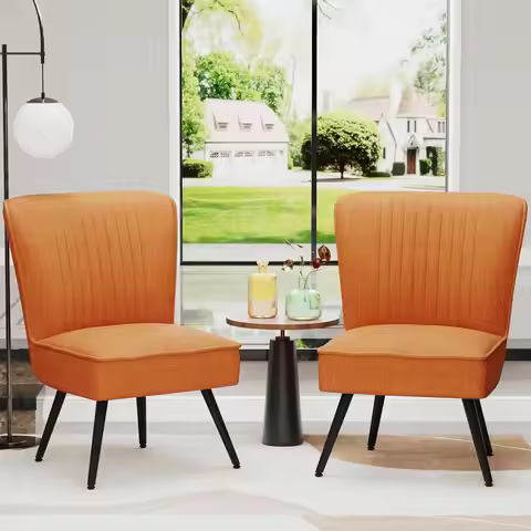 Pair of Modern Orange Upholstered Armless Club Chairs for Living Room and Bedroom - Comfortable Slip