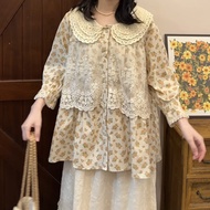 Sweet Style Floral Print Three-Layer Ruffle Collar Loose Fit Lace Trim Linen Shirt Spring Summer Wom