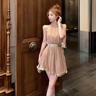 Đầm ngắn CHANGTONG sequin lấp lánh trễ vai phong cách Pháp dự tiệc sinh nhật xuân hè