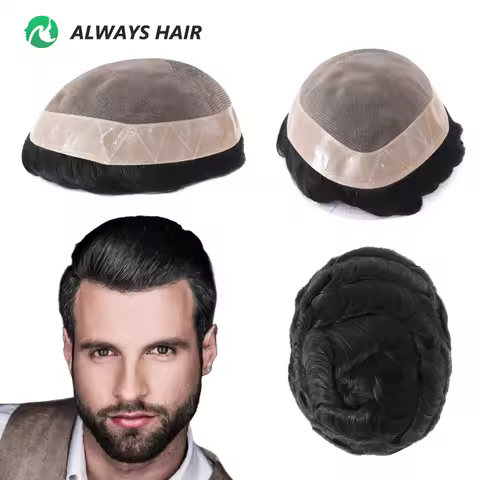 Alwayshair Fine Mono Men Short Toupee 5” Indian Hair Men’s Capillary Prosthesis Monofilament 120 130