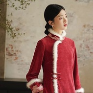 新中式 中國風紅色旗袍連衣裙氣質高貴長款大衣外套