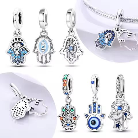 925 Sterling Silver Hamsa Hand Evil Eye Charms Color S925 Beads Pendent Fit Original Bracelets DIY F