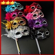 Decorative Feather Mask Ornate Masquerade Mask Holding Stick Side Flower for  Women Photo Booth Masq