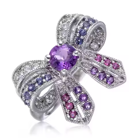 BOSEOK Amethyst and Iolite and Rhodolite Rhodium Over Sterling Silver Ring R3633