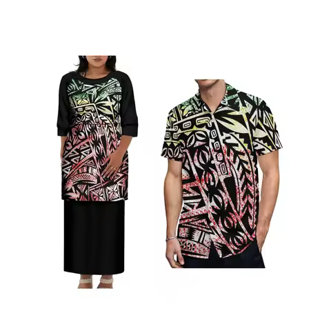 Customized Aloha Men Big Size Shirt and Hawaii Print Polynesian Puletasi Half Sleeve Ladies Dress Ea