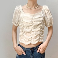 Women's Short Sleeve Top - Girly Style Pleated Lantern Sleeves | Lightweight Summer Top