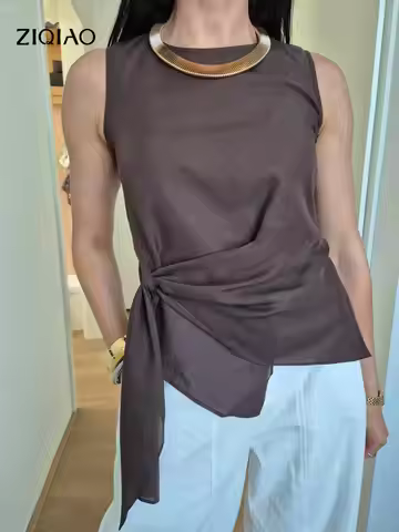ZIQIAO 2026 Summer New [Blogger's Pick] Asymmetric Waist-Cinching Sleeveless Blouse Old Money Aesthe