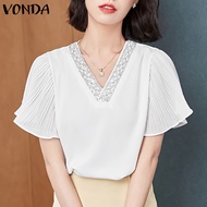 VONDA เสื้อสตรีตกแต่งด้วยริบบิ้นแขนทรัมเป็ตคอวี