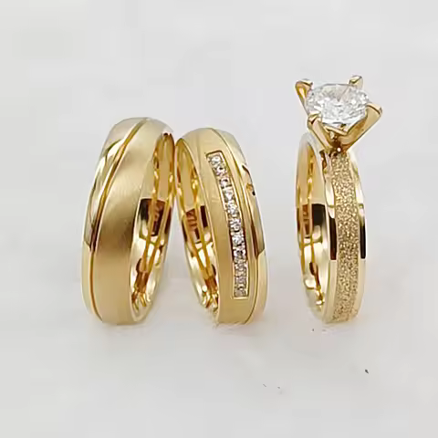 Love Bands 3pcs Promise Wedding Engagement Bridal Rings Sets Couples Romance Fiance and Fiancee 24k 