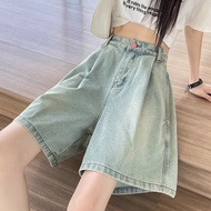 五分牛仔短裤女夏季高腰薄款宽松显瘦小个子a字阔腿中裤Five point denim shorts for women in summer, high waist, thin, loose fitcu