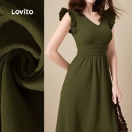 Lovito Casual Dress Vacation Zipper Ruched Ruffle Spring/summer Green Dress for Women L154LD269 Lovi