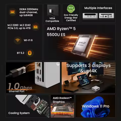 Mini Pc Ordenador GenMachine Mini PC Ryzen 5500U ES Windows 11 DDR4 3200mhz WiFi6 gaming pc Diy Gami