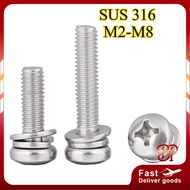 (SUS316 Combination Screw) Pan Head Phillips Screw Skru with Flat Washers and Spring Washers Stainle