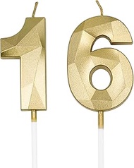 16th & 61st Birthday Candles for Cake, Gold Number 16 61 3D Diamond Shaped Candle Birthday Decoratio