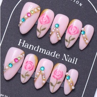 10ชิ้น เล็บรูปรูปนุ่น มือวาดลายกุหลาบ, ประดับด้วยไรน์สโตน, แรงบันดาลใจจาก Y2K/Insta/Baddie, เล็บมือป
