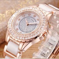 女款品牌防刮防水珍珠陶瓷錶水鑽琺瑯錶不鏽鋼鍍玫瑰金錶帶