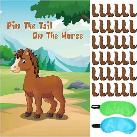 1 Set Cartoon Pin The Tail on The Horse Paper Poster Bingo Game Cards Scratching Card for Birthday P
