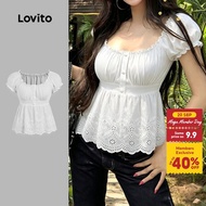 Lovito Casual Blouse Y2K Button Draped Lettuce Trim Spring/summer White Blouse for Women BLK8P1D526 