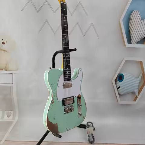 No‑logo, amazing vibe! Surf‑green distressed electric guitar, vintage rock style, perfect for perfor