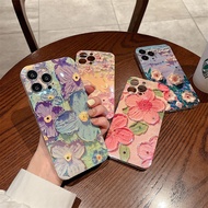 Blue Light Rhinestone Oil Painting Flowers Suitable for 17/16pro Phone Case Samsung A56/S25ultra/A26