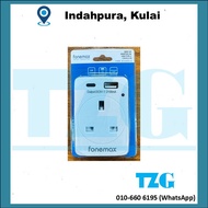 FONEMAX (KULAI) USB + TYPE-C + UK PLUG SOCKET NEON ADAPTOR - USB CHARGER DC 5V 2.1A (SIRIM)