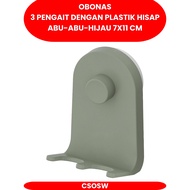 OBONA 3 pengait dengan plastik hisap abu-abu-hijau 7x11 cm