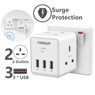 TESSAN TS224 Extension Plug Power Socket with USB，Surge Protector 2 Way Plug Adaptor with 3 USB, 13A Cube UK 3 Pin Multi Plug Extension Wall Socket for Home, Office, Kitchen（White）