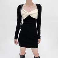 KA5 fashionable knitted kink stitching long-sleeved bottoming dress temperament square collar expose
