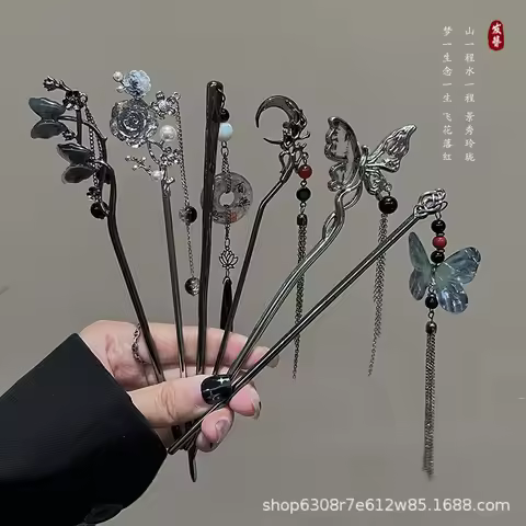 6PCS New Chinese Style Dark Style Tassel Ancient Style Hairpin Cheongsam Hanfu Headwear Horse Face S