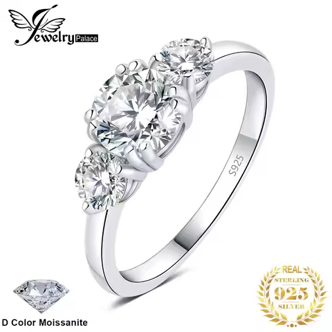 JewelryPalace Moissanite D Color 1.4ct 925 Sterling Silver 3 Stone Wedding Engagement Ring for Woman