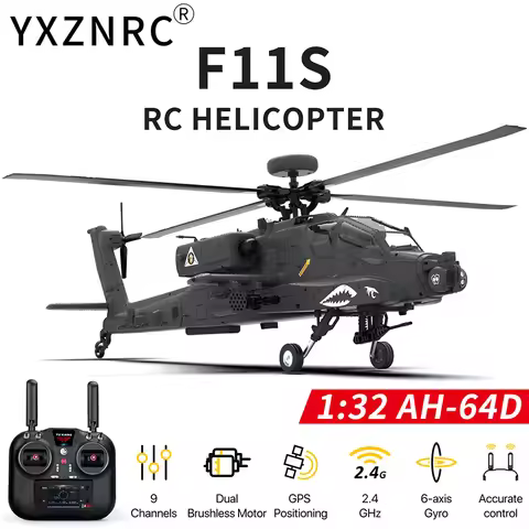​YXZNRC F11S RC Helicopter 1:32 AH-64D Apache 2.4G 6-Axis Gyro 9CH GPS Optical Flow Positioning 5.8G