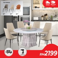 BETTY FURNITURE C016 / C019 Rotating Top Round Fully Marble Dining Table Set + 6 Chairs / Meja makan bulat marble