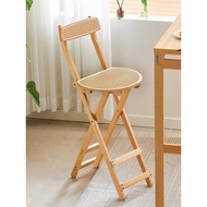 S-6🏅Foldable Bar Stool Household Modern Minimalist High Stool Solid Wood Bar Chair Restaurant Japanese Rattan Backrest C