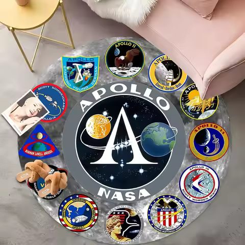 Apollo Mission Round Rug - Vintage Space Program Design with 12 Mission Patches, Astronomy Lover Car