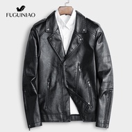 Fuguiniao ผู้ชายรถจักรยานยนต์วินเทจเสื้อแจ็คเก็ตหนังลำลองผู้ชายฤดูใบไม้ร่วงออกแบบ BIKER กระเป๋า PU แ