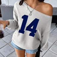 Plus Size Women's Autumn '14' Print Asymmetric Collar Loose Y2K Style Sweatshirt Graduation,Back To 