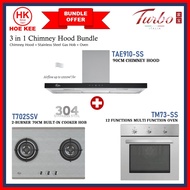 (BUNDLE) TURBO TAE910-SS 90CM CHIMNEY HOOD + TURBO T702SSV 2-BURNER STAINLESS STEEL GAS HOB + TURBO TM73-SS 12 FUNC OVEN