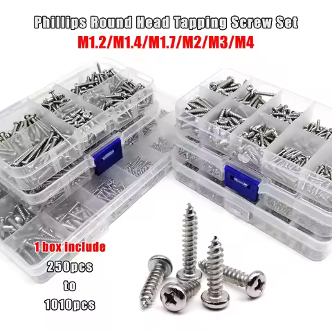 1 Box M1.2 M1.4 M1.7 M2 M3 M4 Cross Phillips Round Pan Head Self Tapping Wood Screw Set Kit A2 304 S
