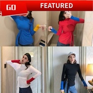 baju t shirt perempuan lengan panjang viral murah T-Shirt Lengan Panjang Kapas Murni Musim Luruh Gaya Baru Versi Korea Warna Kontras Pelajar Kemeja Bawah Kolar Separuh Tinggi Liar Wanita 1115