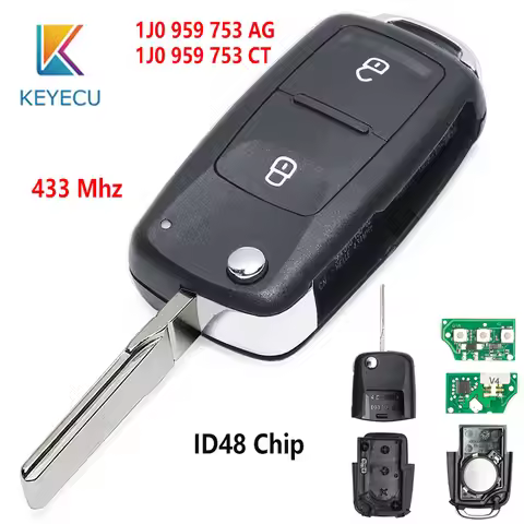KEYECU 434MHz ID48 Chip FCC:1J0 959 753 AG/ 1J0 959 753 CT 2 Button Remote Key Fob for Volkswagen Go